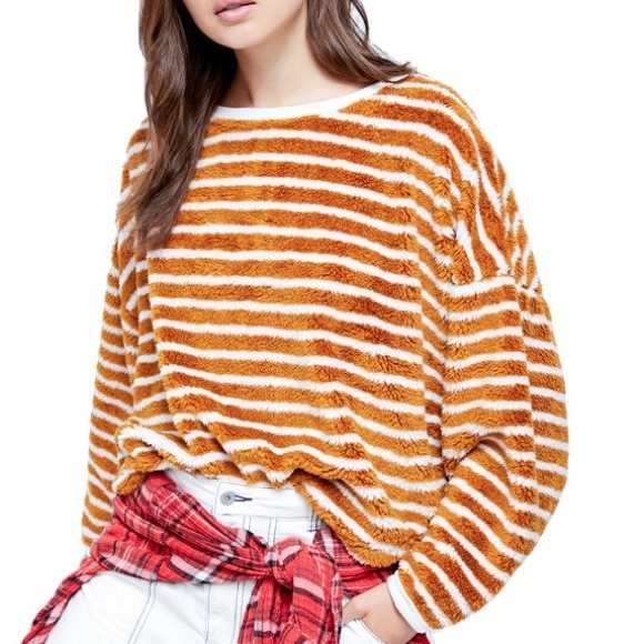 FREE PEOPLE Women’s “Breton” Must Yellow White Striped Pullover Fuzzy Sweater XS - Picture 2 of 5